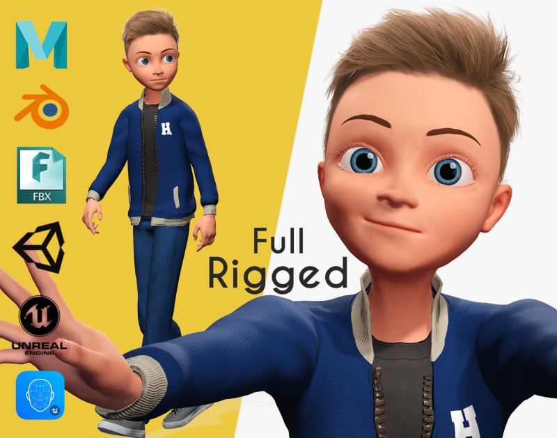Child Young Teen Cartoon man Rigged Low-poly 3D Model .c4d .max .obj .3ds .fbx .stl .blend