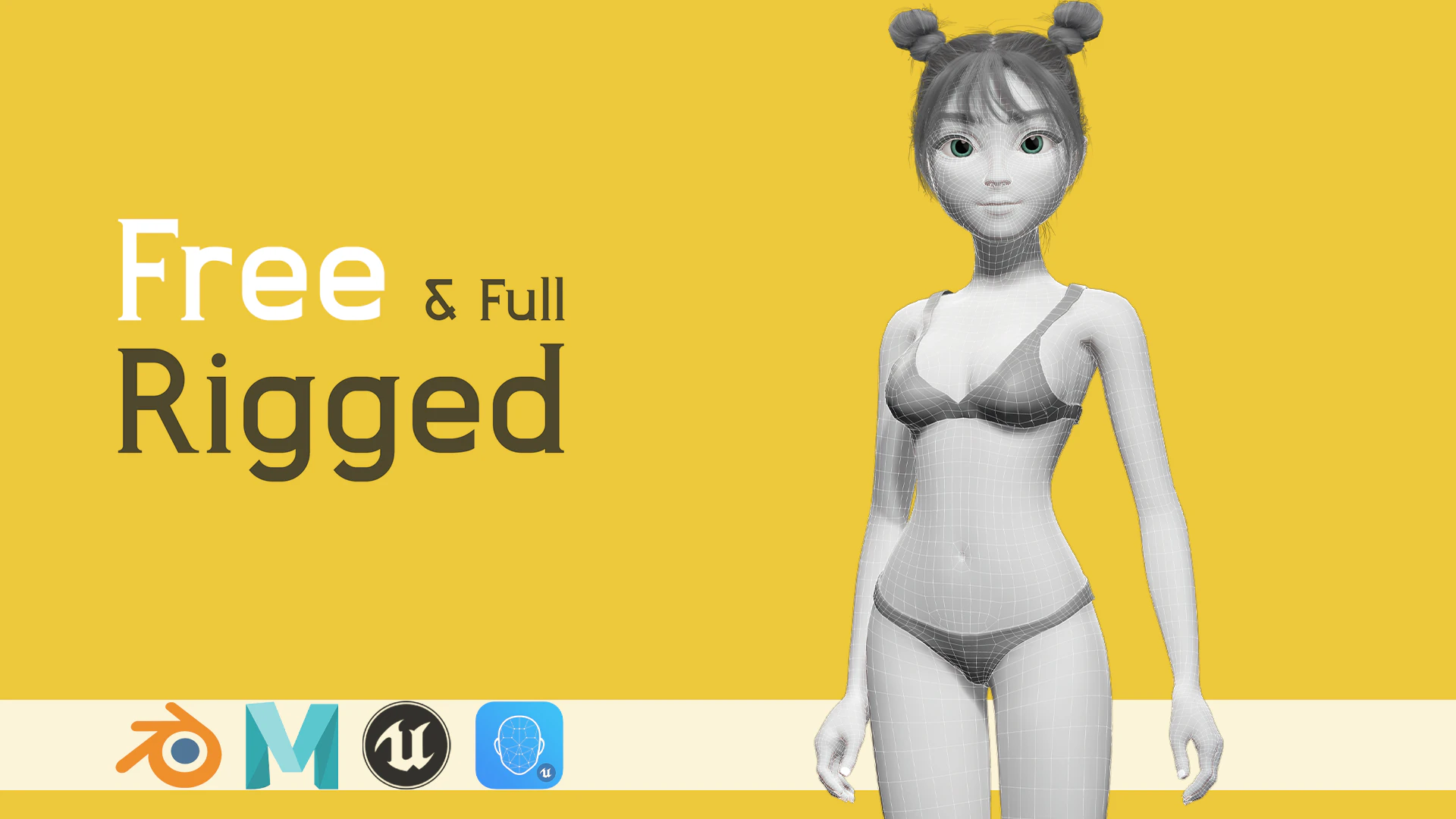 Free Stylized Cartoon Female Young Woman with Perfect Topology 3D Model .c4d .max .obj .3ds .fbx .stl .blend 