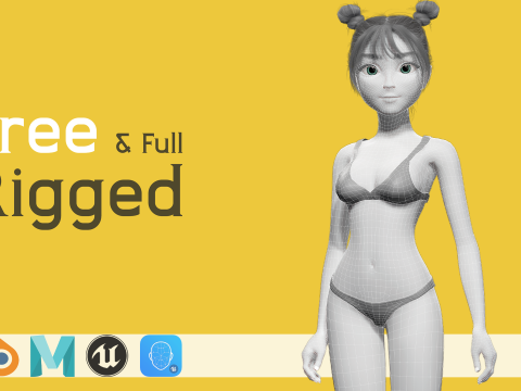 Free Stylized Cartoon Female Young Woman with Perfect Topology 3D Модель