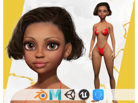 アフロアメリカンの女性キャラクタートゥーン 3Dモデル