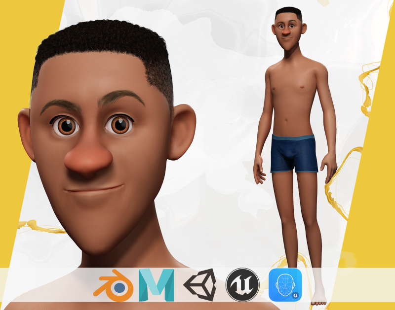 Versatile Beauty 3D Afro-American Male Character Rigged 3D Model .c4d .max .obj .3ds .fbx .stl .blend