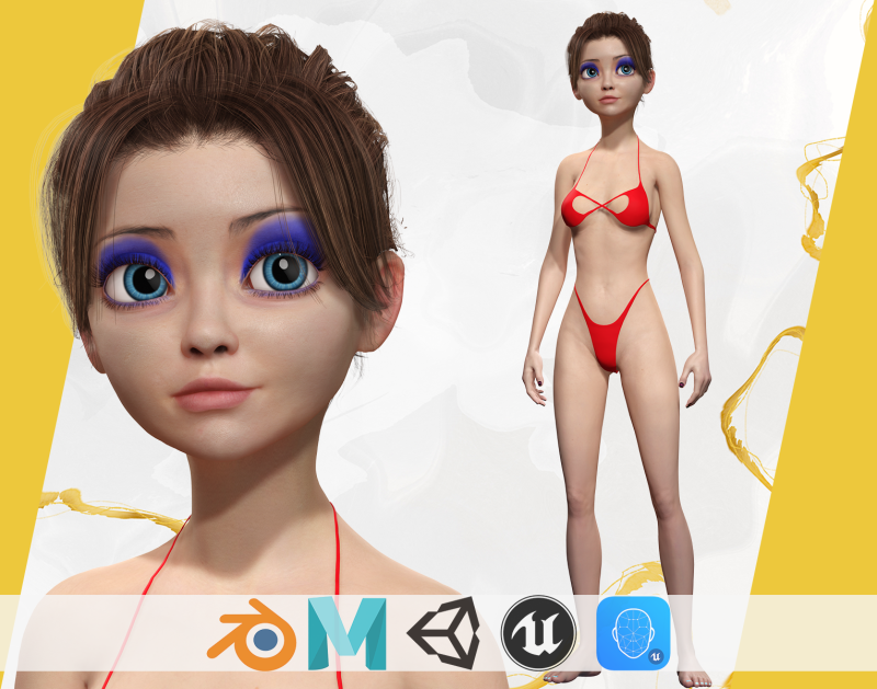 Stylized Cute Woman Model 3D .c4d .max .obj .3ds .fbx .stl .blend