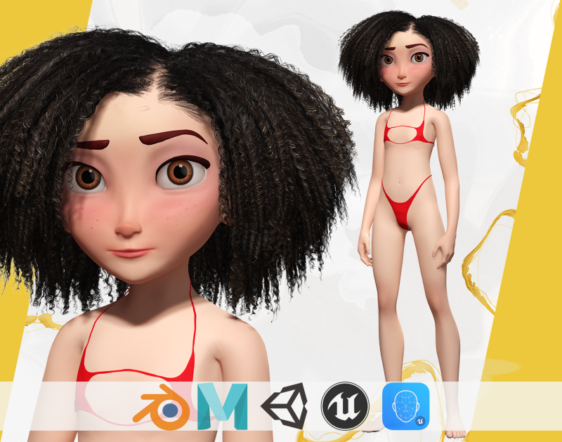 Stylized Girl Curly Hair Female Low-Poly 3Dモデル .c4d .max .obj .3ds .fbx .stl .blend