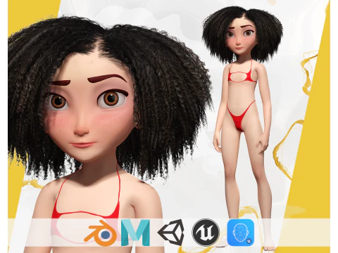 様式化された女の子巻き毛女性低ポリ 3Dモデル