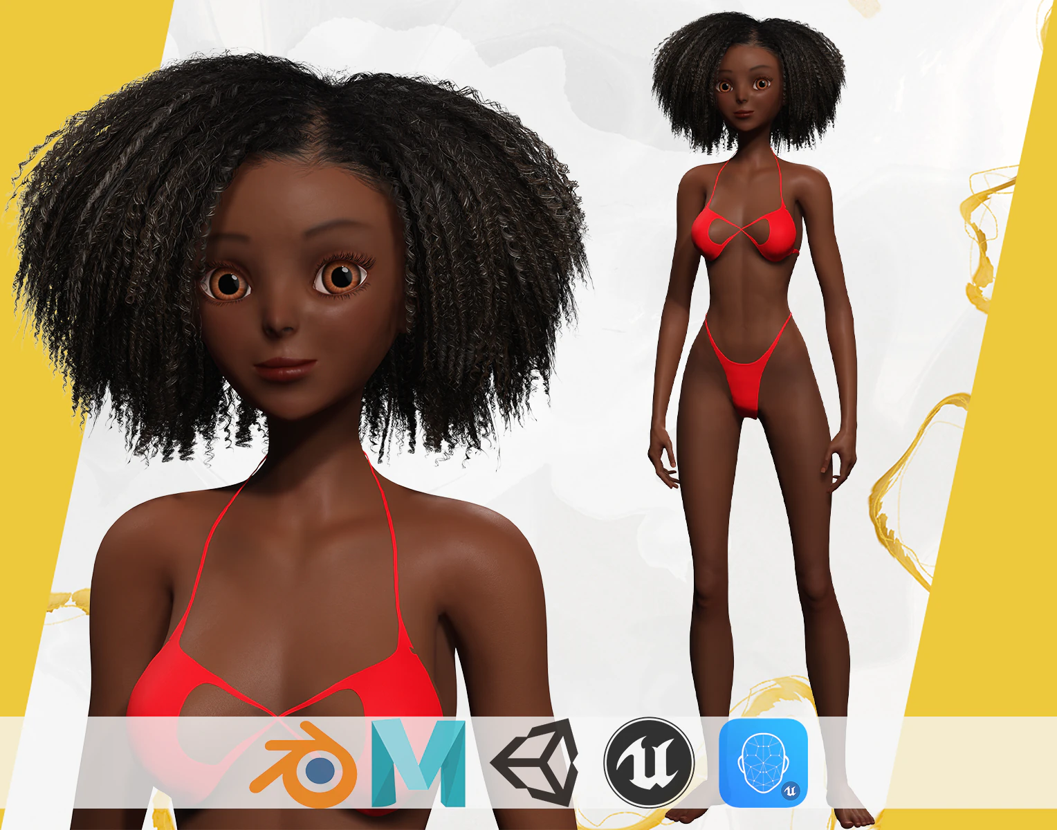 Afro American Female Character African 3D Model .c4d .max .obj .3ds .fbx .stl .blend