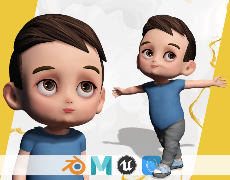 Cute Stylized Toon 3D Boy Cartoon Child Rigged Model 3D 模型 .c4d .max .obj .3ds .fbx .stl .blend 