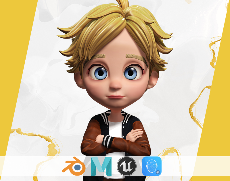 Blue Eyes Stylized Toon 3D Boy Cartoon Character Rigged Modello 3D .c4d .max .obj .3ds .fbx .stl .blend