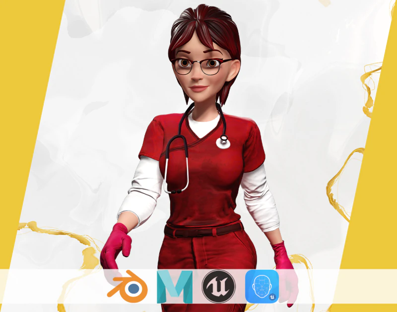 Red Scrubs Cartoon Doctor Fully Rigged Healthcare Worker 3D Model .c4d .max .obj .3ds .fbx .stl .blend 