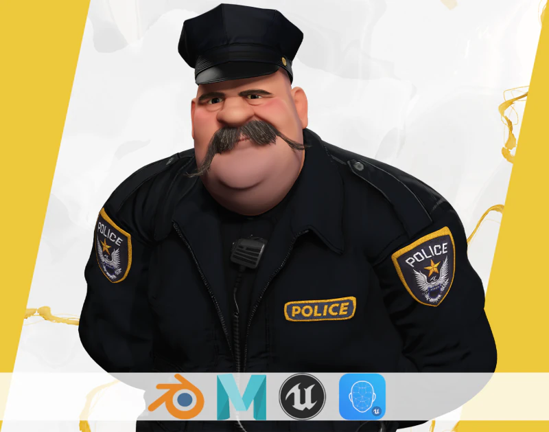 Stylized Cartoon Police Chief Rigged Fat Cop 3D Model .c4d .max .obj .3ds .fbx .stl .blend