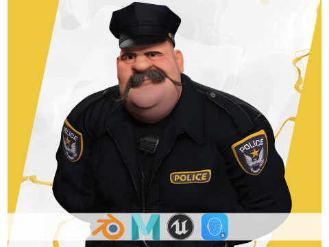 Stylized Cartoon Police Chief Rigged Fat Cop Modèle 3D