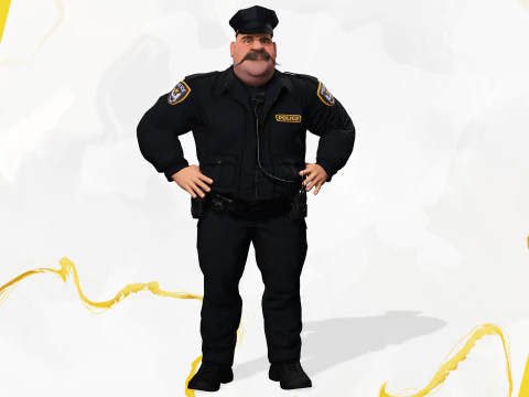 Stylized Cartoon Police Chief Rigged Fat Cop 3D Model