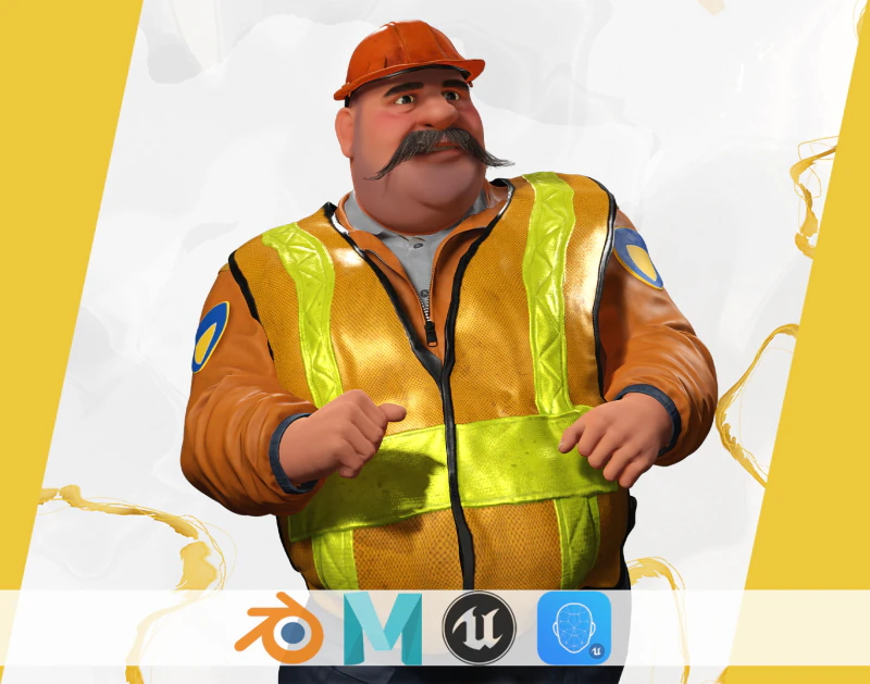 Stylized Cartoon Construction Worker Rigged Foreman Builder 3D Model .c4d .max .obj .3ds .fbx .stl .blend