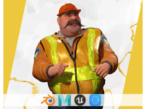 Stylized Cartoon Construction Worker Rigged Foreman Builder 3D Model