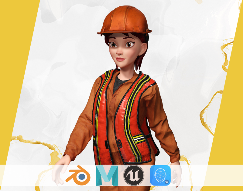 Stylized Female Construction Worker Rigged Builder in Safety 3D Model .c4d .max .obj .3ds .fbx .stl .blend
