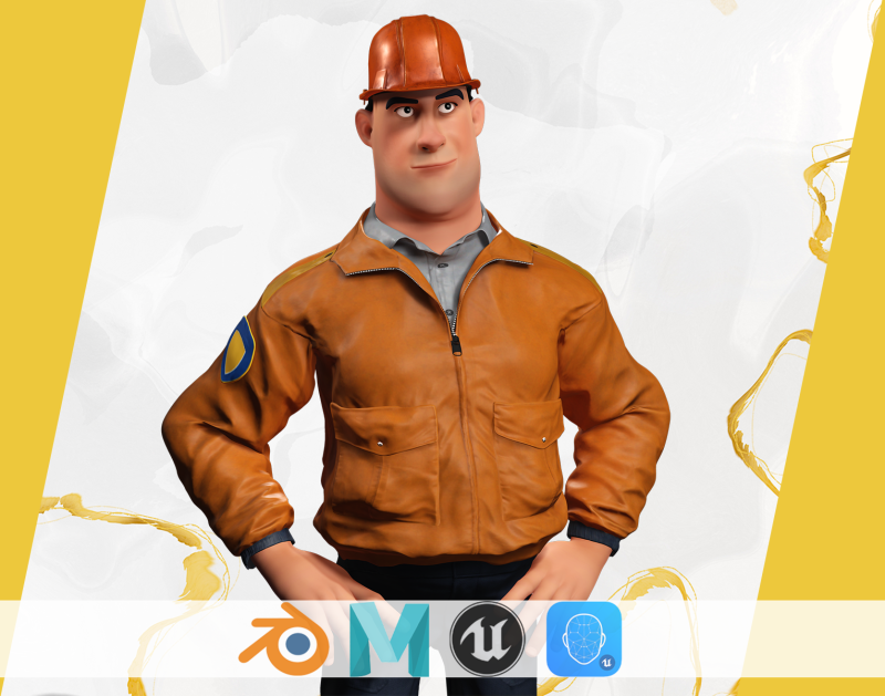 Cartoon Construction Worker in Jacket with Hard Hat 3D Model .c4d .max .obj .3ds .fbx .stl .blend