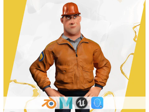 卡通建筑工人穿着夹克和安全帽 3D 模型