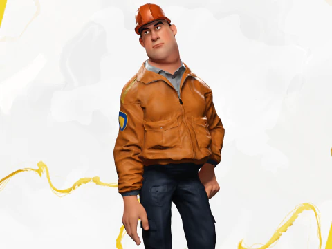 Cartoon Construction Worker in Jacket with Hard Hat 3D Model
