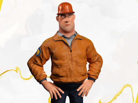 Cartoon Construction Worker in Jacket with Hard Hat 3D Model