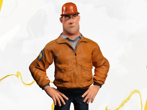 Cartoon Construction Worker in Jacket with Hard Hat 3D Model