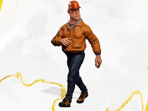 Cartoon Construction Worker in Jacket with Hard Hat 3D Model