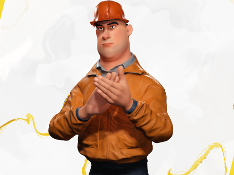 Cartoon Construction Worker in Jacket with Hard Hat 3D Model