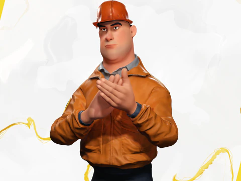 Cartoon Construction Worker in Jacket with Hard Hat 3D Model