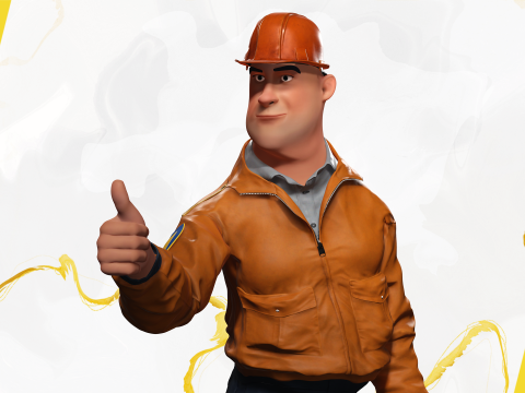 Cartoon Construction Worker in Jacket with Hard Hat 3D Model