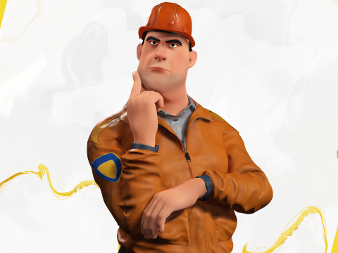 Cartoon Construction Worker in Jacket with Hard Hat 3D Model