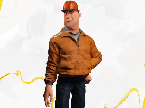 Cartoon Construction Worker in Jacket with Hard Hat 3D Model