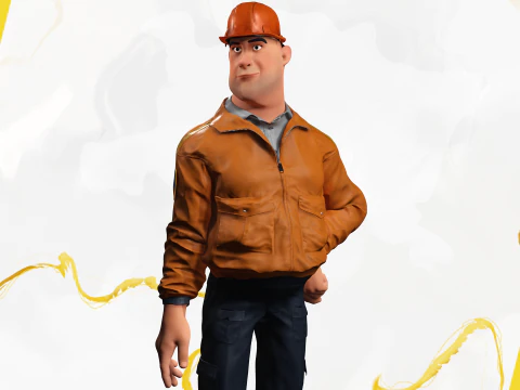 Cartoon Construction Worker in Jacket with Hard Hat 3D Model