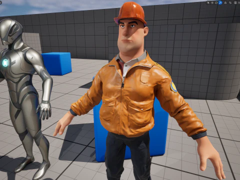 Cartoon Construction Worker in Jacket with Hard Hat 3D Model