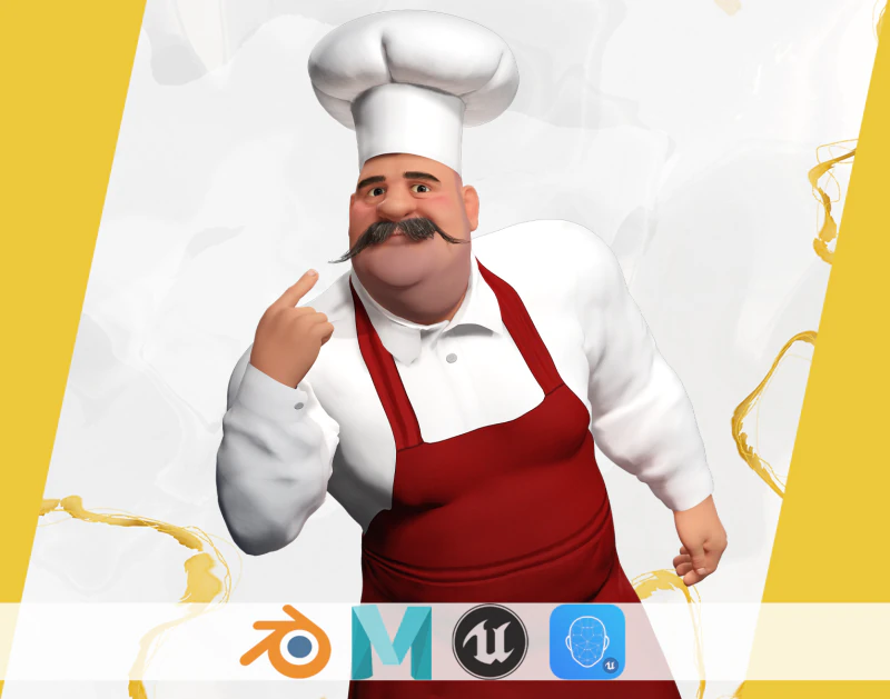 Cartoon Cook With Apron Fully Rigged Stylized Cartoon Chef 3D Model .c4d .max .obj .3ds .fbx .stl .blend 