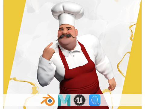 Koki Kartun Dengan Celemek Koki Kartun Bergaya yang Dipasang Sepenuhnya Model 3D