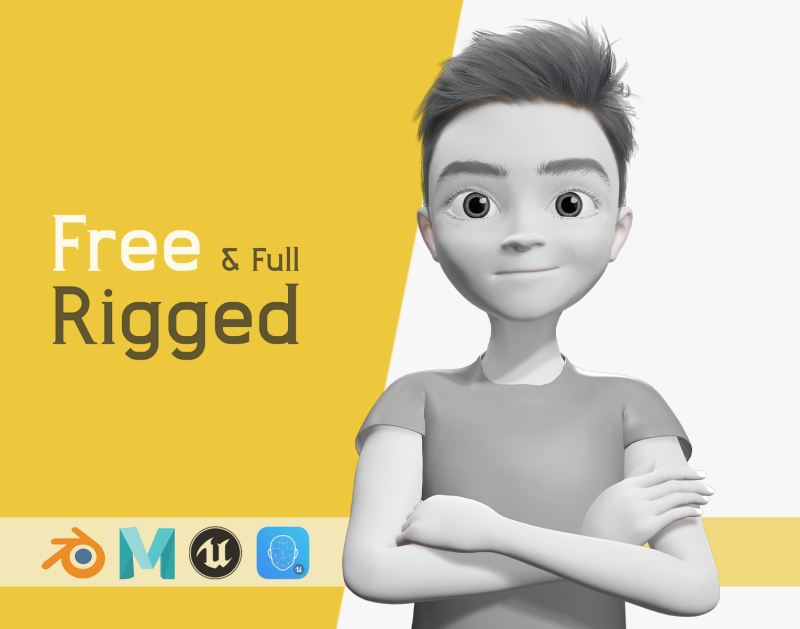 Free 3D Stylized Boy Toon Kid Character with T-Shirt Modèle 3D .c4d .max .obj .3ds .fbx .stl .blend