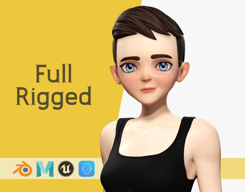 Black Dress Stylized Young Woman 3D Character Rigged Short 3D Model .c4d .max .obj .3ds .fbx .stl .blend 