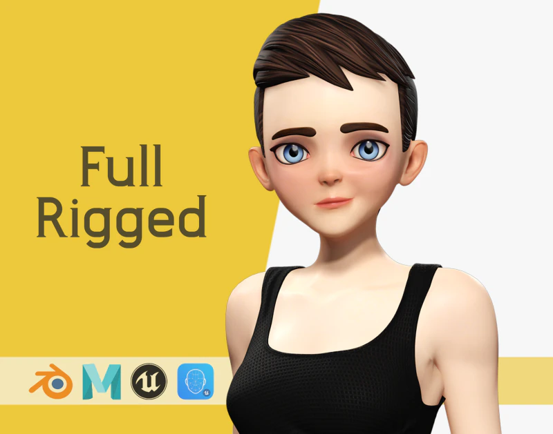 Black Dress Stylized Young Woman 3D Character Rigged Short 3D Model .c4d .max .obj .3ds .fbx .stl .blend 