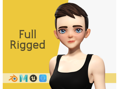 Black Dress Stylized Young Woman 3D Character Rigged Short 3D Model