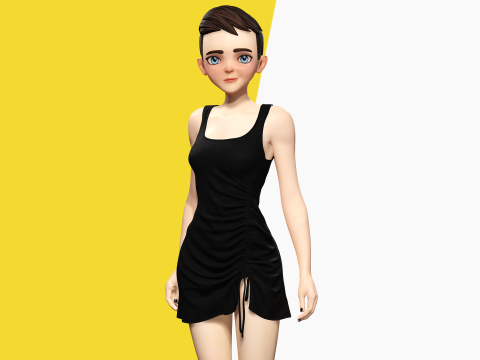 Black Dress Stylized Young Woman 3D Character Rigged Short 3D Model