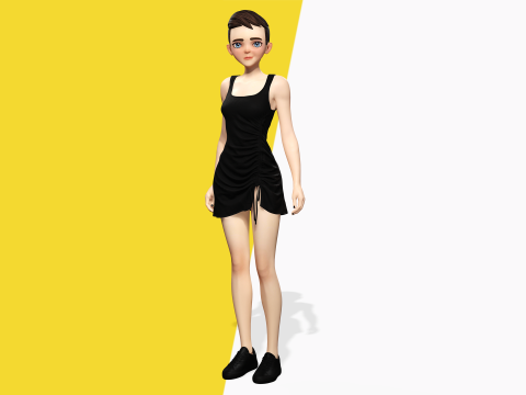 Black Dress Stylized Young Woman 3D Character Rigged Short 3D Model
