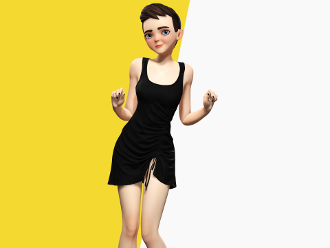 Black Dress Stylized Young Woman 3D Character Rigged Short 3D Model