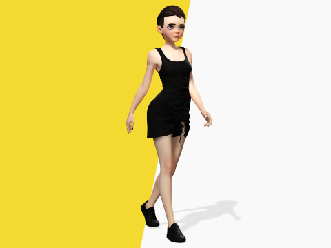 Black Dress Stylized Young Woman 3D Character Rigged Short 3D Model