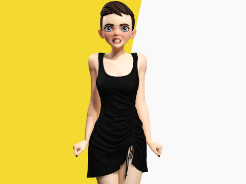 Black Dress Stylized Young Woman 3D Character Rigged Short 3D Model
