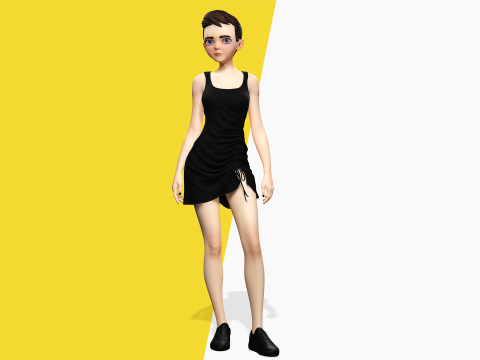Black Dress Stylized Young Woman 3D Character Rigged Short 3D Model