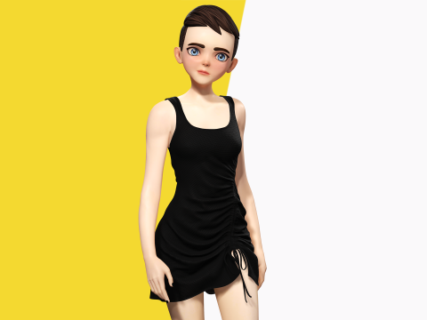 Black Dress Stylized Young Woman 3D Character Rigged Short 3D Model