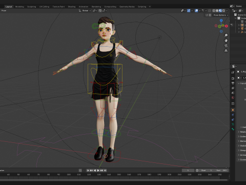 Black Dress Stylized Young Woman 3D Character Rigged Short 3D Model