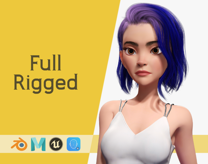 Purple Hair Rigged Stylized 3D Girl with Vibrant Hair 3Dモデル .c4d .max .obj .3ds .fbx .stl .blend