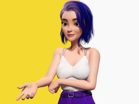 Purple Hair Rigged Stylized 3D Girl with Vibrant Hair 3D Model