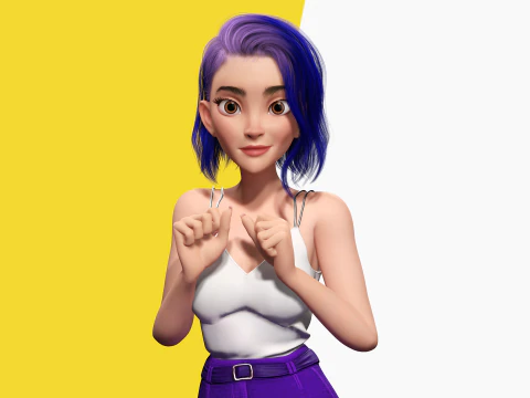Purple Hair Rigged Stylized 3D Girl with Vibrant Hair 3D Model