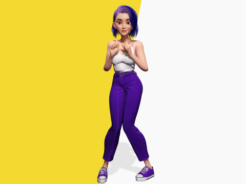 Purple Hair Rigged Stylized 3D Girl with Vibrant Hair 3D Model