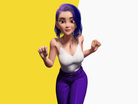 Purple Hair Rigged Stylized 3D Girl with Vibrant Hair 3D Model